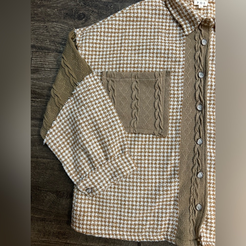 POL Pieced Patchwork Houndstooth Shacket Mocha Mu… - image 3
